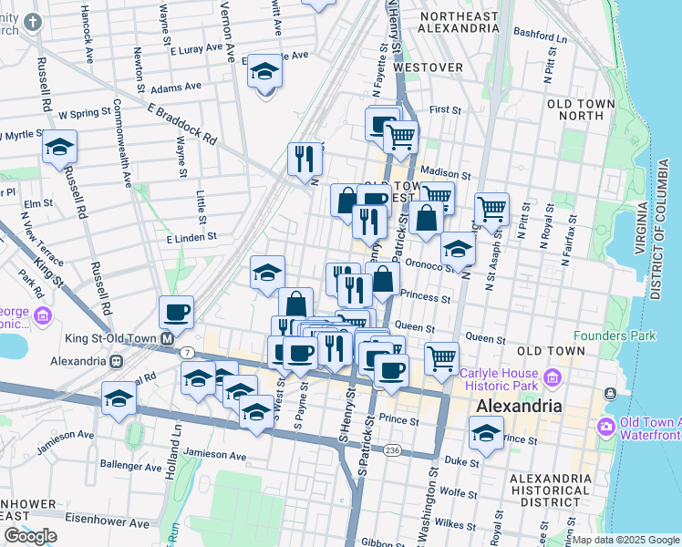 map of restaurants, bars, coffee shops, grocery stores, and more near 408 North Fayette Street in Alexandria
