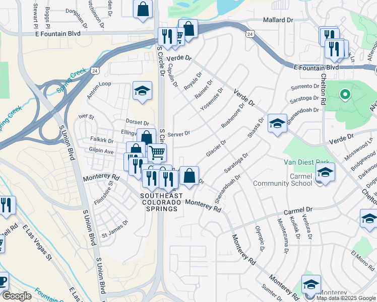 map of restaurants, bars, coffee shops, grocery stores, and more near 1611 Rushmore Dr in Colorado Springs