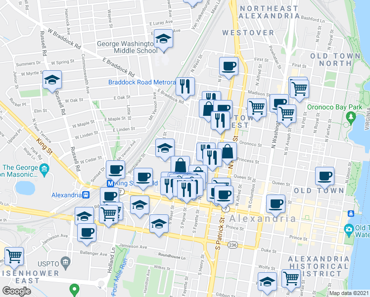 map of restaurants, bars, coffee shops, grocery stores, and more near 401 North West Street in Alexandria
