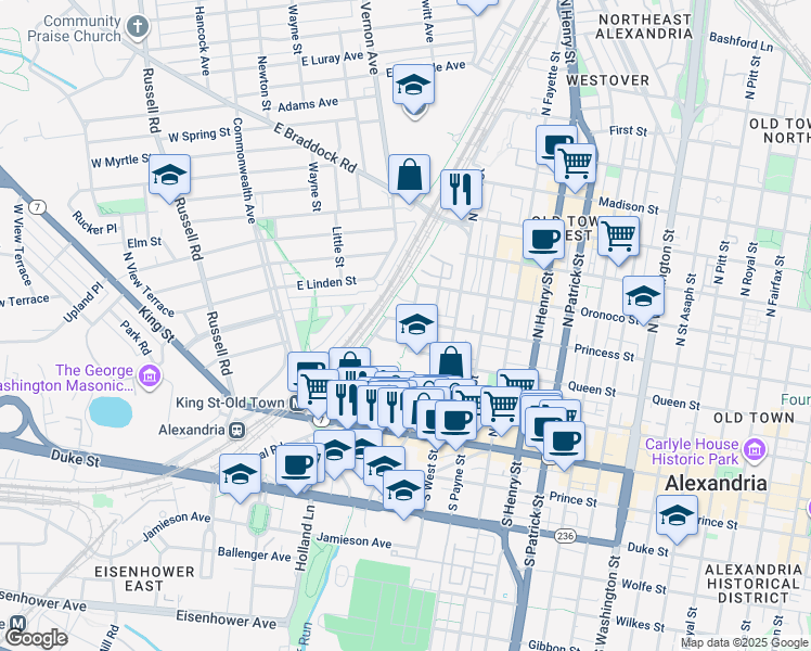 map of restaurants, bars, coffee shops, grocery stores, and more near 1600 Princess Street in Alexandria