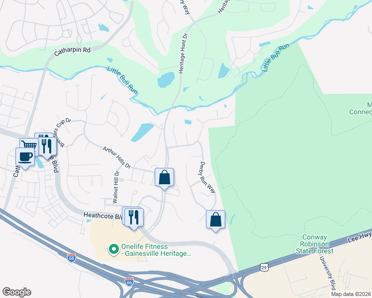 map of restaurants, bars, coffee shops, grocery stores, and more near 13611 Ryton Ridge Lane in Gainesville