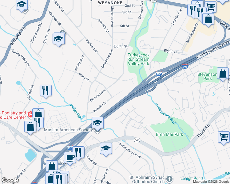 map of restaurants, bars, coffee shops, grocery stores, and more near 5242 Navaho Drive in Alexandria