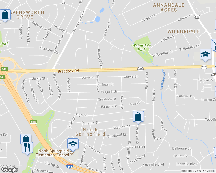 map of restaurants, bars, coffee shops, grocery stores, and more near 7413 Inzer Street in North Springfield