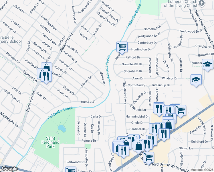 map of restaurants, bars, coffee shops, grocery stores, and more near 205 Moule Drive in Florissant