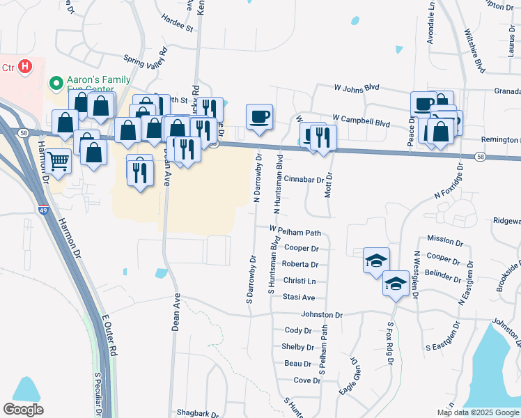 map of restaurants, bars, coffee shops, grocery stores, and more near 201 North Darrowby Drive in Raymore