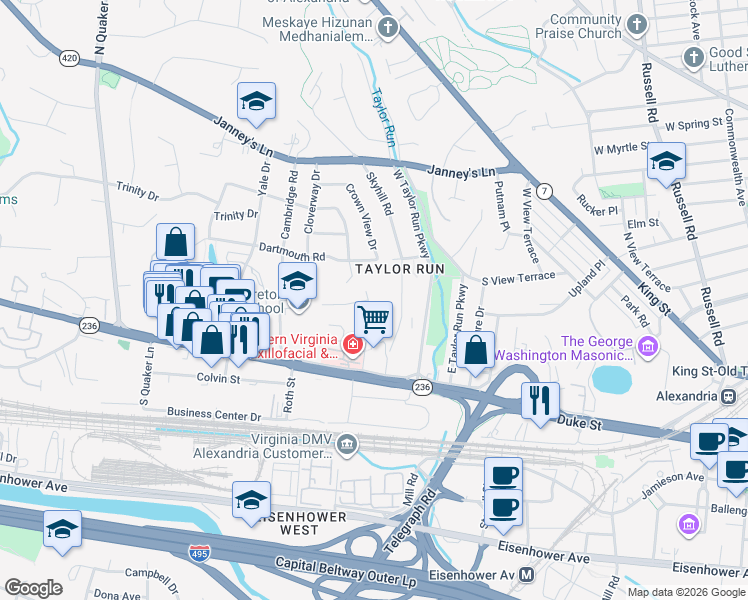 map of restaurants, bars, coffee shops, grocery stores, and more near 207 Longview Drive in Alexandria