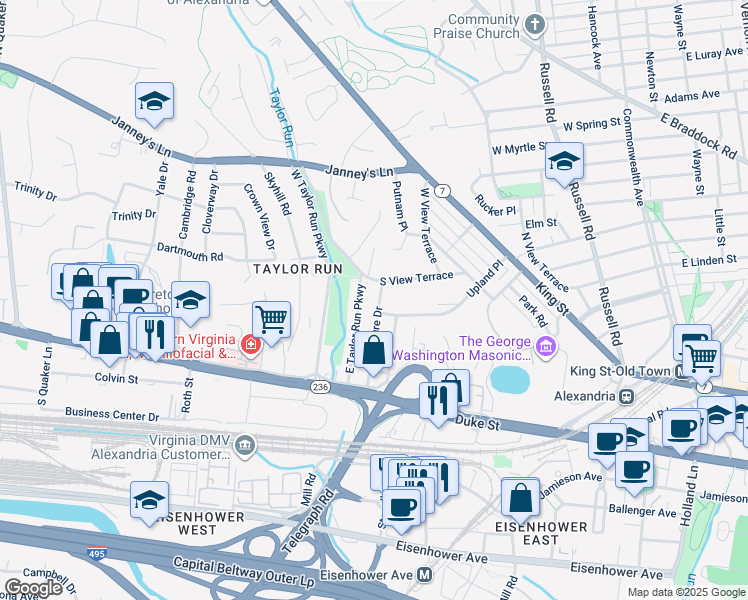map of restaurants, bars, coffee shops, grocery stores, and more near 208 Moncure Drive in Alexandria