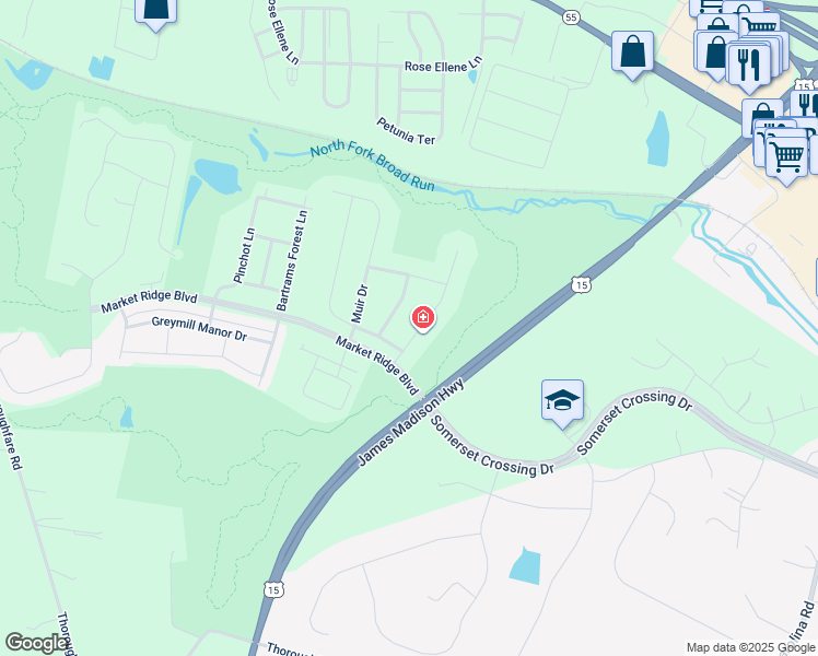 map of restaurants, bars, coffee shops, grocery stores, and more near 6762 Leopolds Trail in Haymarket