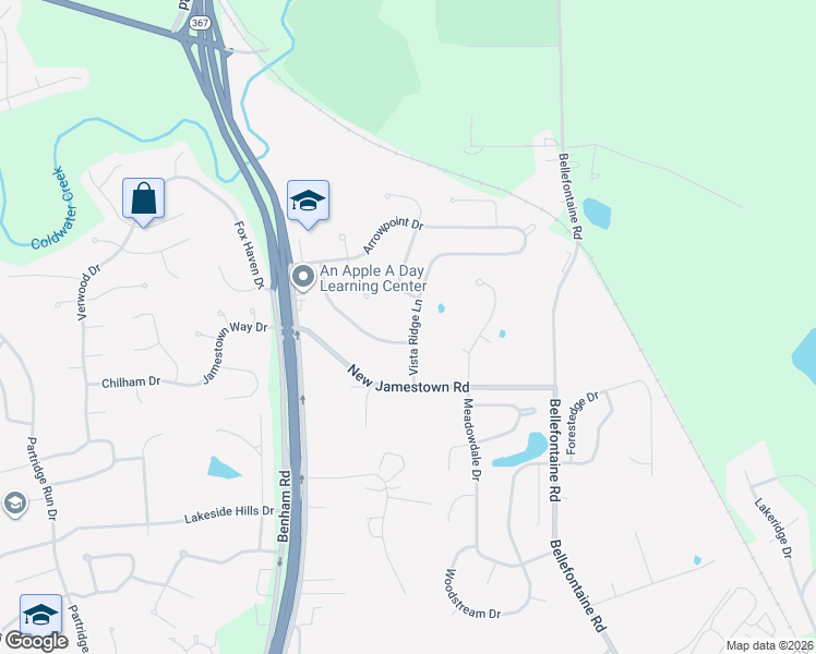 map of restaurants, bars, coffee shops, grocery stores, and more near 12805 Vista Ridge Lane in St. Louis