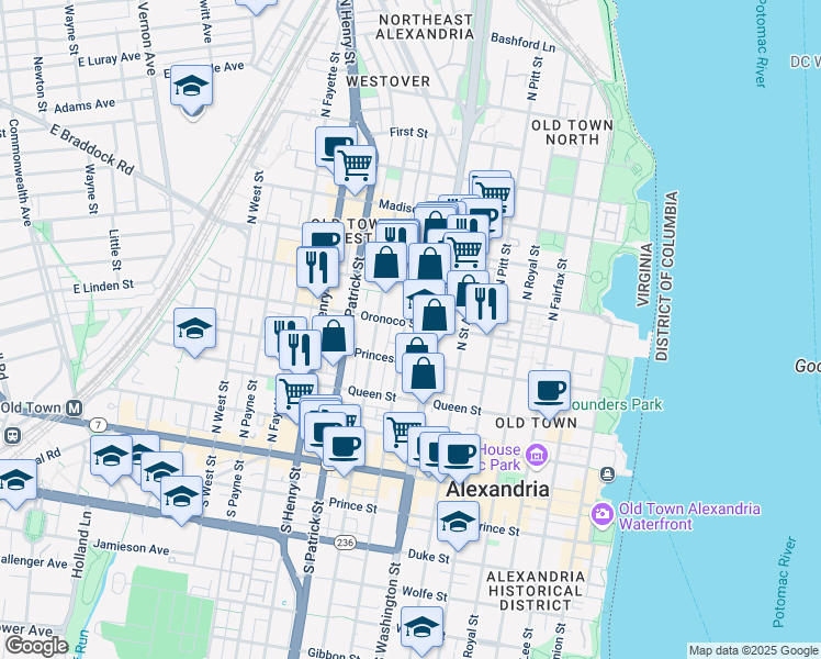 map of restaurants, bars, coffee shops, grocery stores, and more near 435 North Columbus Street in Alexandria