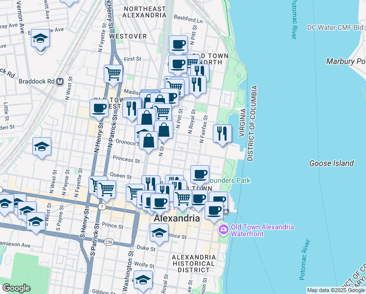 map of restaurants, bars, coffee shops, grocery stores, and more near 416 Cook Street in Alexandria