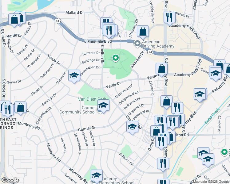 map of restaurants, bars, coffee shops, grocery stores, and more near 1570 Planewood Drive in Colorado Springs