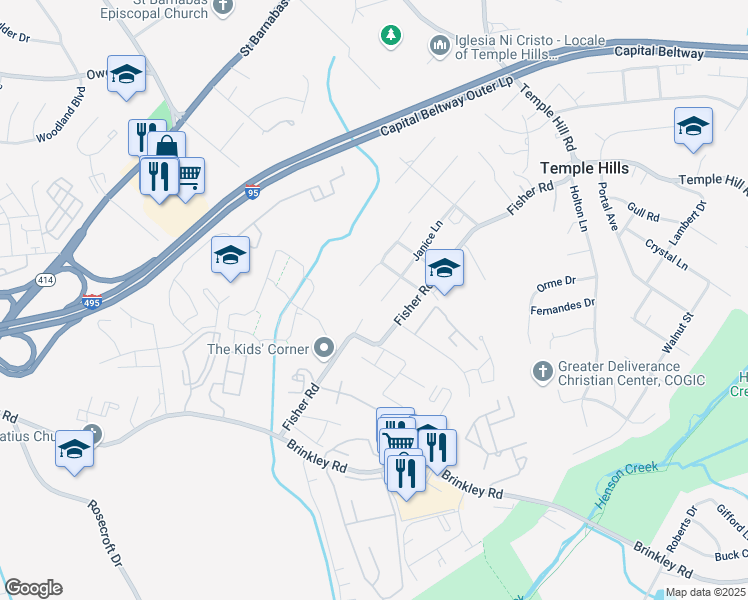 map of restaurants, bars, coffee shops, grocery stores, and more near 5733 Janice Lane in Temple Hills