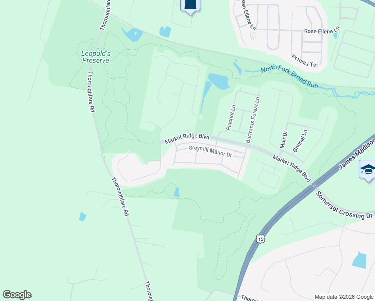 map of restaurants, bars, coffee shops, grocery stores, and more near 16001 Greymill Manor Drive in Haymarket