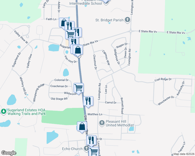 map of restaurants, bars, coffee shops, grocery stores, and more near 1803 Chestnut Dr in Pleasant Hill