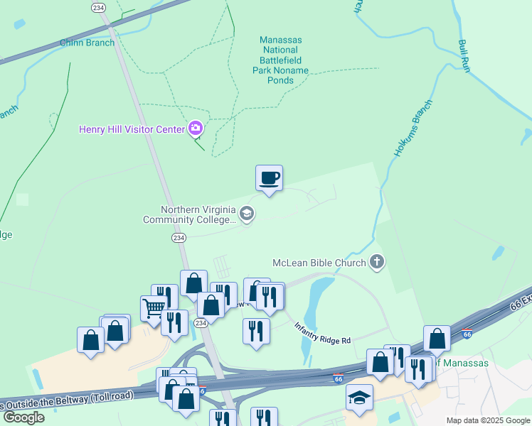 map of restaurants, bars, coffee shops, grocery stores, and more near 6901 Sudley Road in Manassas