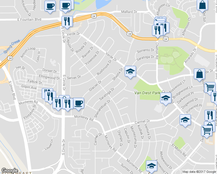 map of restaurants, bars, coffee shops, grocery stores, and more near 1531 Shasta Drive in Colorado Springs