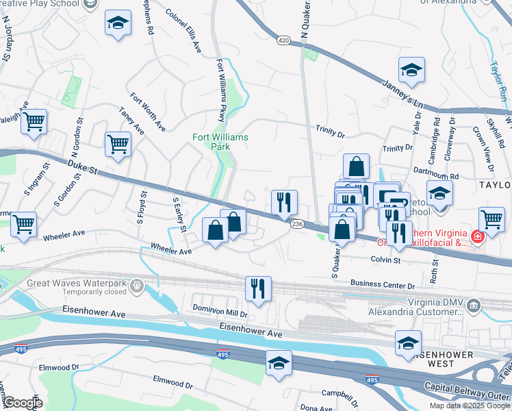 map of restaurants, bars, coffee shops, grocery stores, and more near 13 Carriage House Circle in Alexandria