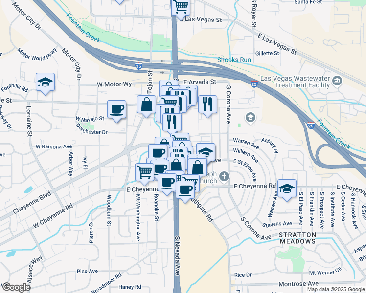 map of restaurants, bars, coffee shops, grocery stores, and more near 1725 South Nevada Avenue in Colorado Springs