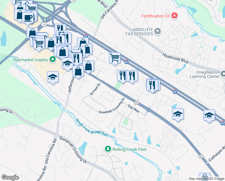 map of restaurants, bars, coffee shops, grocery stores, and more near 6801 Coach Way in Haymarket