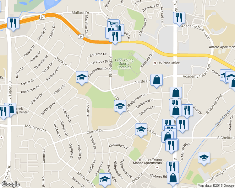 map of restaurants, bars, coffee shops, grocery stores, and more near 1525 South Chelton Road in Colorado Springs