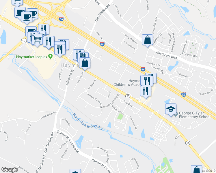 map of restaurants, bars, coffee shops, grocery stores, and more near 6801 Coach Way in Haymarket