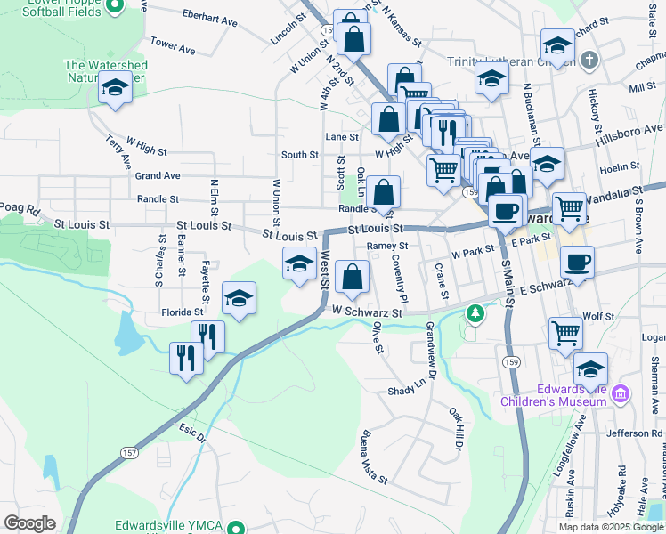 map of restaurants, bars, coffee shops, grocery stores, and more near 140 South State Route 157 in Edwardsville
