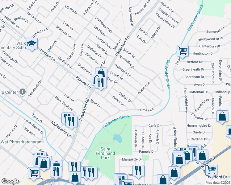 map of restaurants, bars, coffee shops, grocery stores, and more near 475 Raven Lane in Florissant