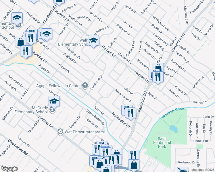 map of restaurants, bars, coffee shops, grocery stores, and more near 870 Mark Twain Drive in Florissant