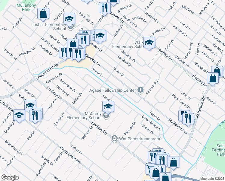 map of restaurants, bars, coffee shops, grocery stores, and more near 1295 Boulder Drive in Florissant
