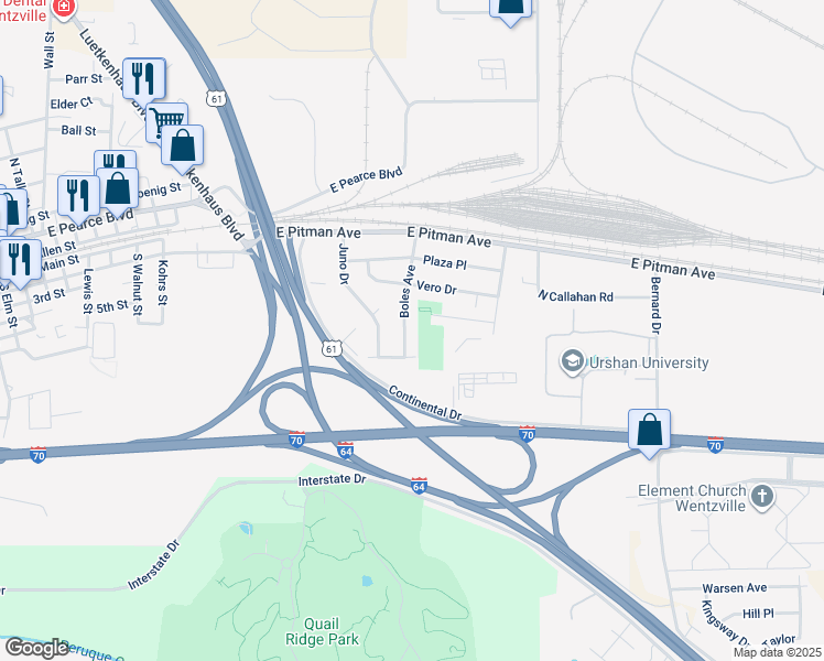 map of restaurants, bars, coffee shops, grocery stores, and more near 1419 Kathleen Drive in Wentzville