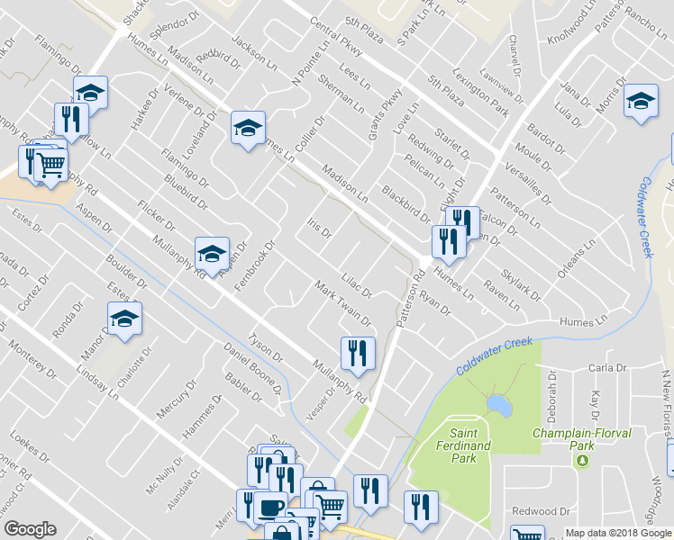 map of restaurants, bars, coffee shops, grocery stores, and more near Lilac Dr & Curtis Ct in Florissant
