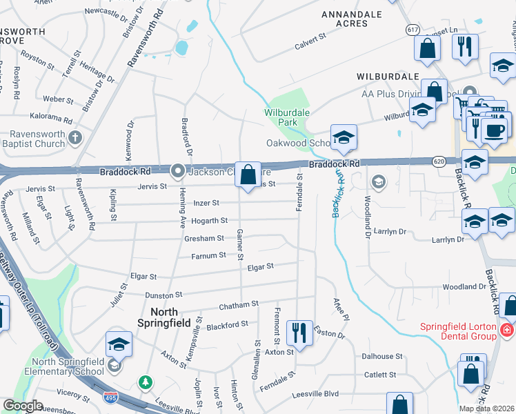 map of restaurants, bars, coffee shops, grocery stores, and more near 7317 Inzer Street in Springfield