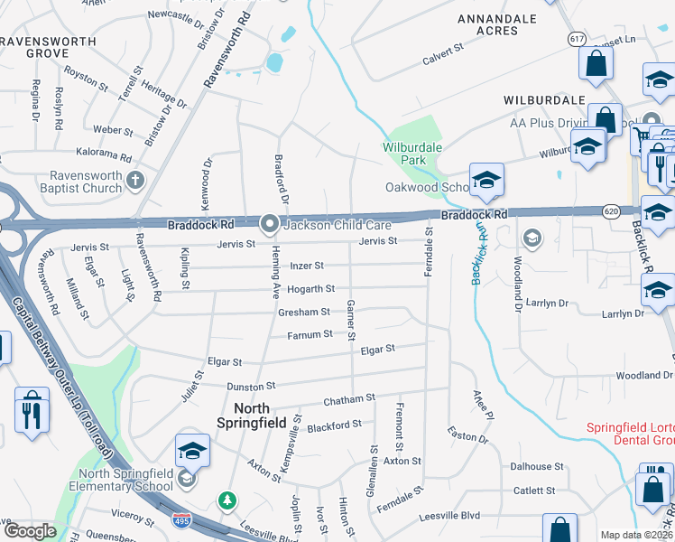 map of restaurants, bars, coffee shops, grocery stores, and more near 7403 Inzer Street in Springfield