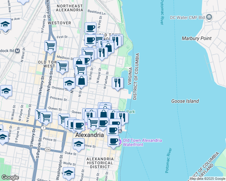 map of restaurants, bars, coffee shops, grocery stores, and more near 103 Oronoco Street in Alexandria