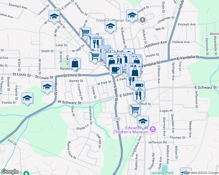 map of restaurants, bars, coffee shops, grocery stores, and more near 218 Monroe Street in Edwardsville