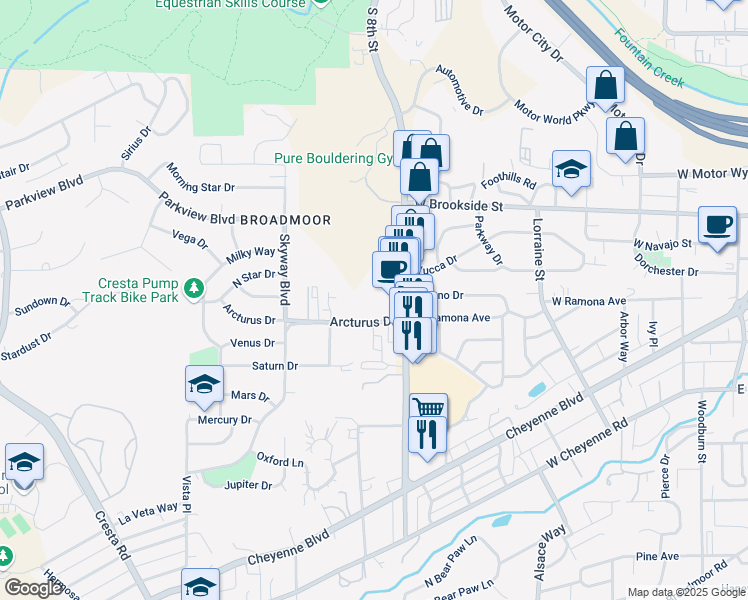 map of restaurants, bars, coffee shops, grocery stores, and more near 830 Arcturus Drive in Colorado Springs