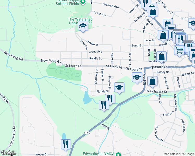 map of restaurants, bars, coffee shops, grocery stores, and more near 212 South Charles Street in Edwardsville
