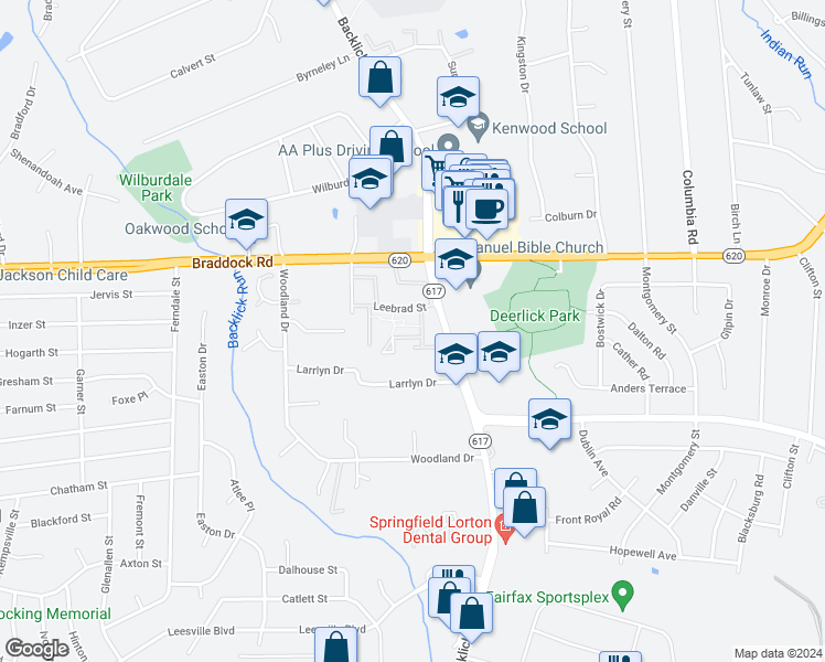 map of restaurants, bars, coffee shops, grocery stores, and more near 7042 Leestone Street in Springfield