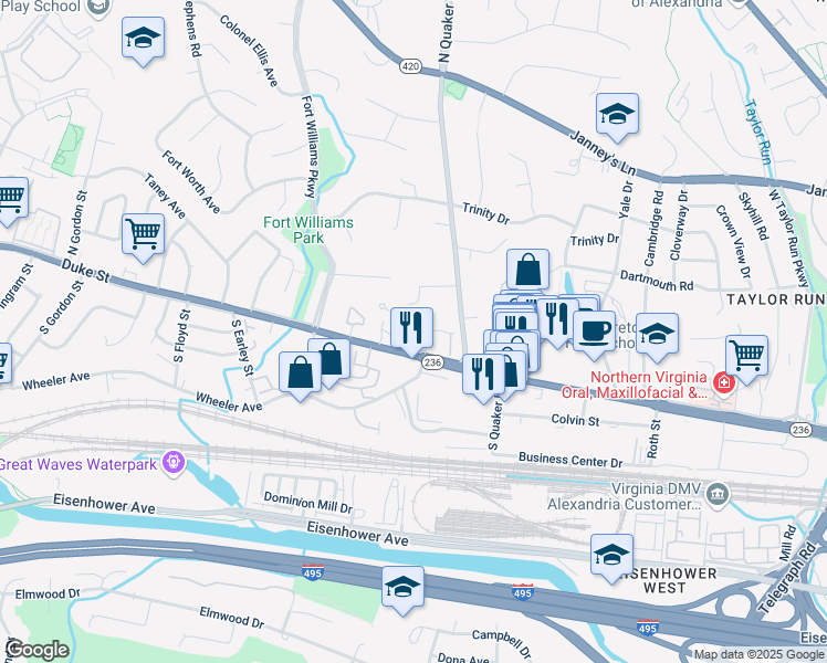 map of restaurants, bars, coffee shops, grocery stores, and more near 4 Arell Court in Alexandria