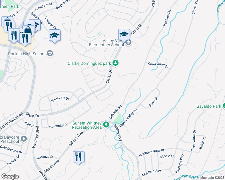 map of restaurants, bars, coffee shops, grocery stores, and more near 5230 Silver Peak Lane in Rocklin