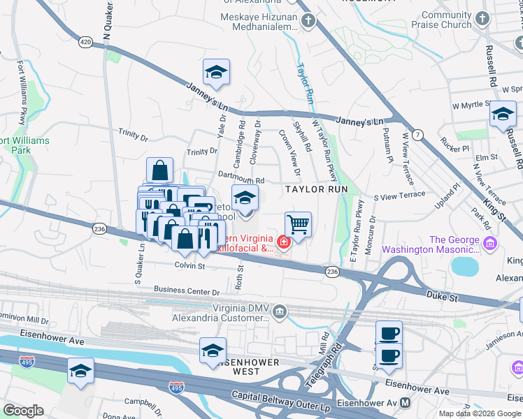 map of restaurants, bars, coffee shops, grocery stores, and more near 2953 Viewpoint Road in Alexandria