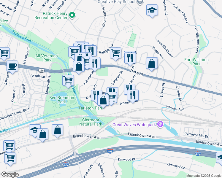map of restaurants, bars, coffee shops, grocery stores, and more near 122 South Ingram Street in Alexandria