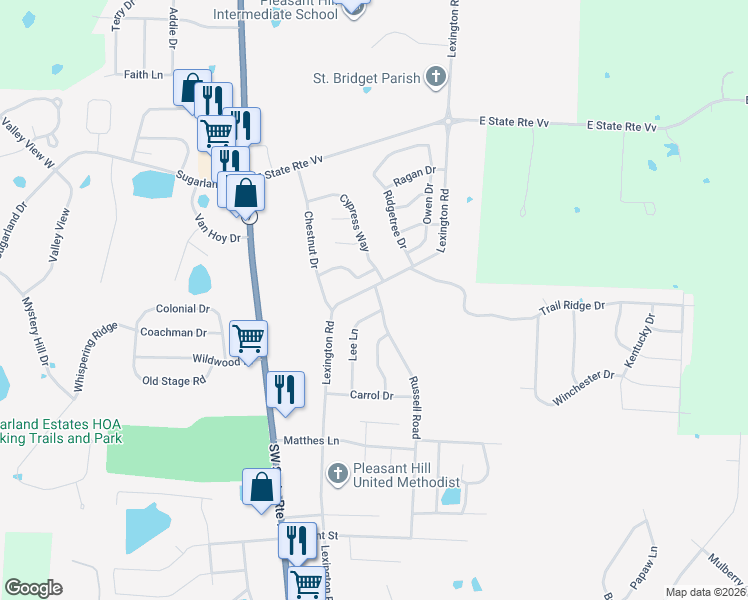 map of restaurants, bars, coffee shops, grocery stores, and more near 1713 Russell Road in Pleasant Hill
