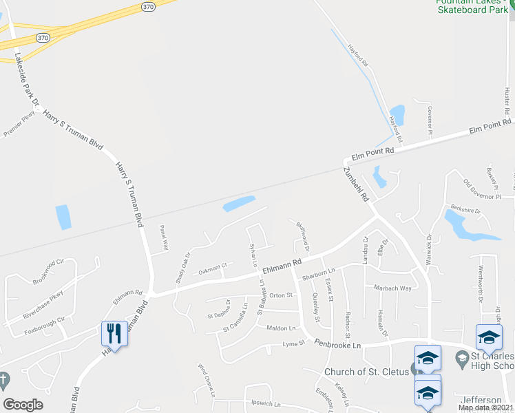 map of restaurants, bars, coffee shops, grocery stores, and more near 3018 Shady Oak Drive in Saint Charles