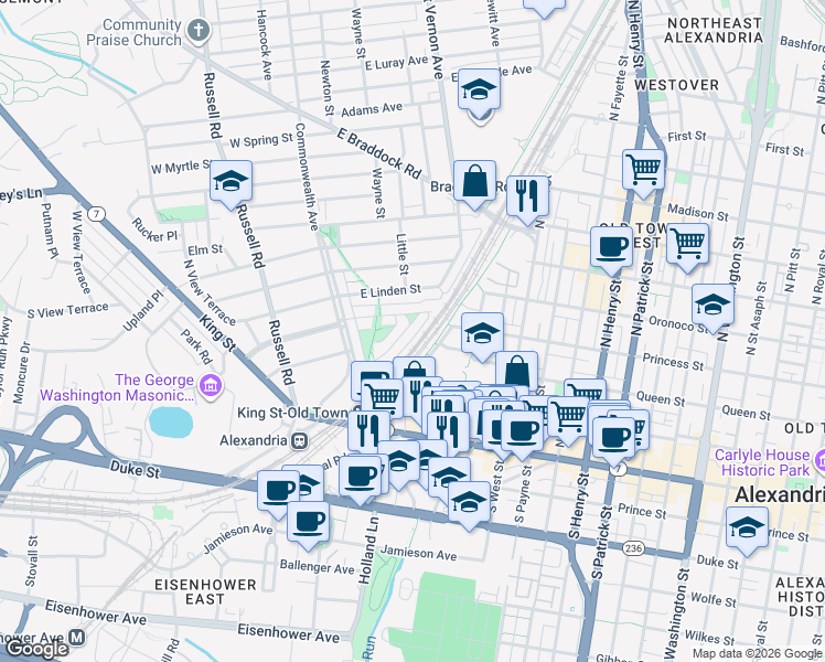 map of restaurants, bars, coffee shops, grocery stores, and more near 119 Mount Vernon Avenue in Alexandria