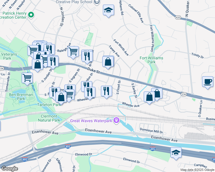 map of restaurants, bars, coffee shops, grocery stores, and more near 26 South French Street in Alexandria