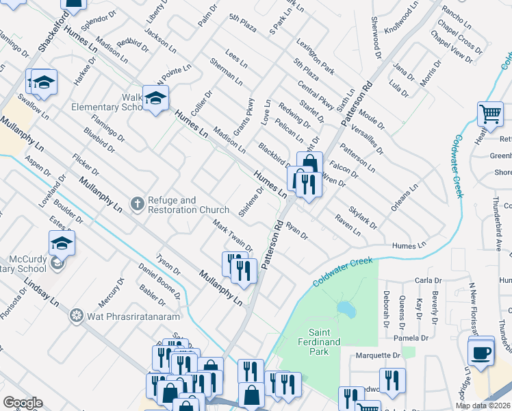 map of restaurants, bars, coffee shops, grocery stores, and more near 6 Kathleen Court in Florissant