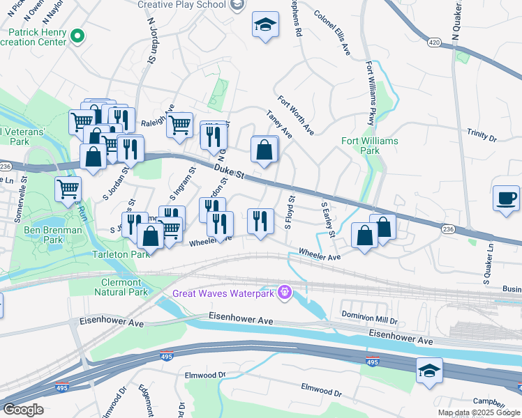 map of restaurants, bars, coffee shops, grocery stores, and more near 26 South French Street in Alexandria