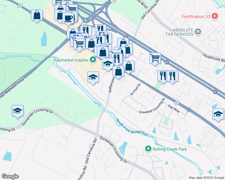 map of restaurants, bars, coffee shops, grocery stores, and more near 6791 Jefferson Street in Haymarket